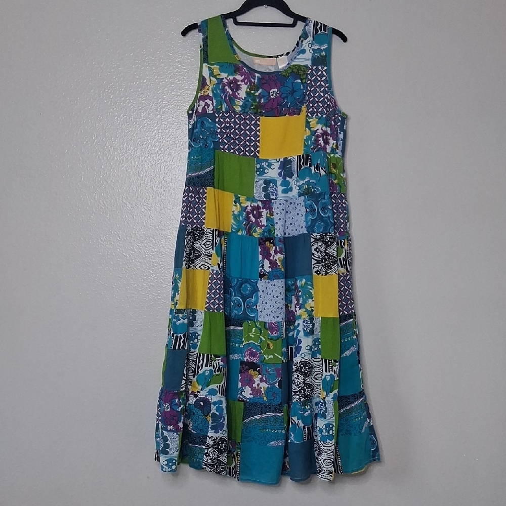 La Cera Patchwork Floral Shift Dress Boho Festival Cotton Summer Resortwear Sz S
